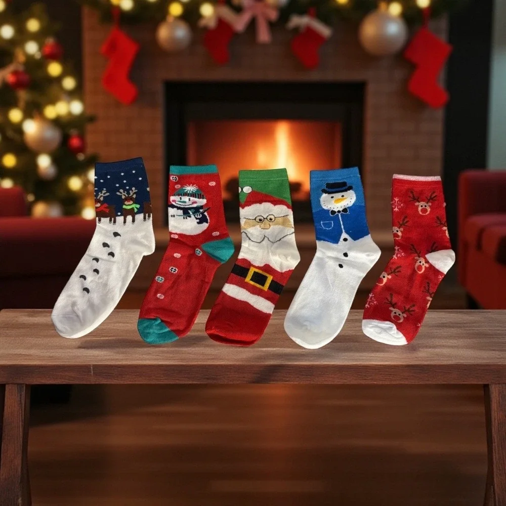 Novelty Christmas Knit Socks 5.5-8.5 US Holiday Unisex Soft Reindeer 5 Pk NEW